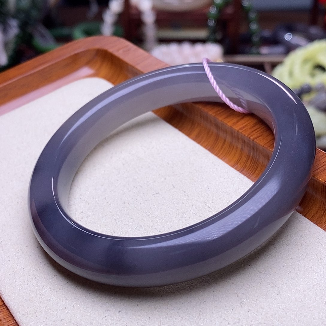 和田玉未镶嵌毕业级老矿料高冰底浓烟紫半山水手镯58