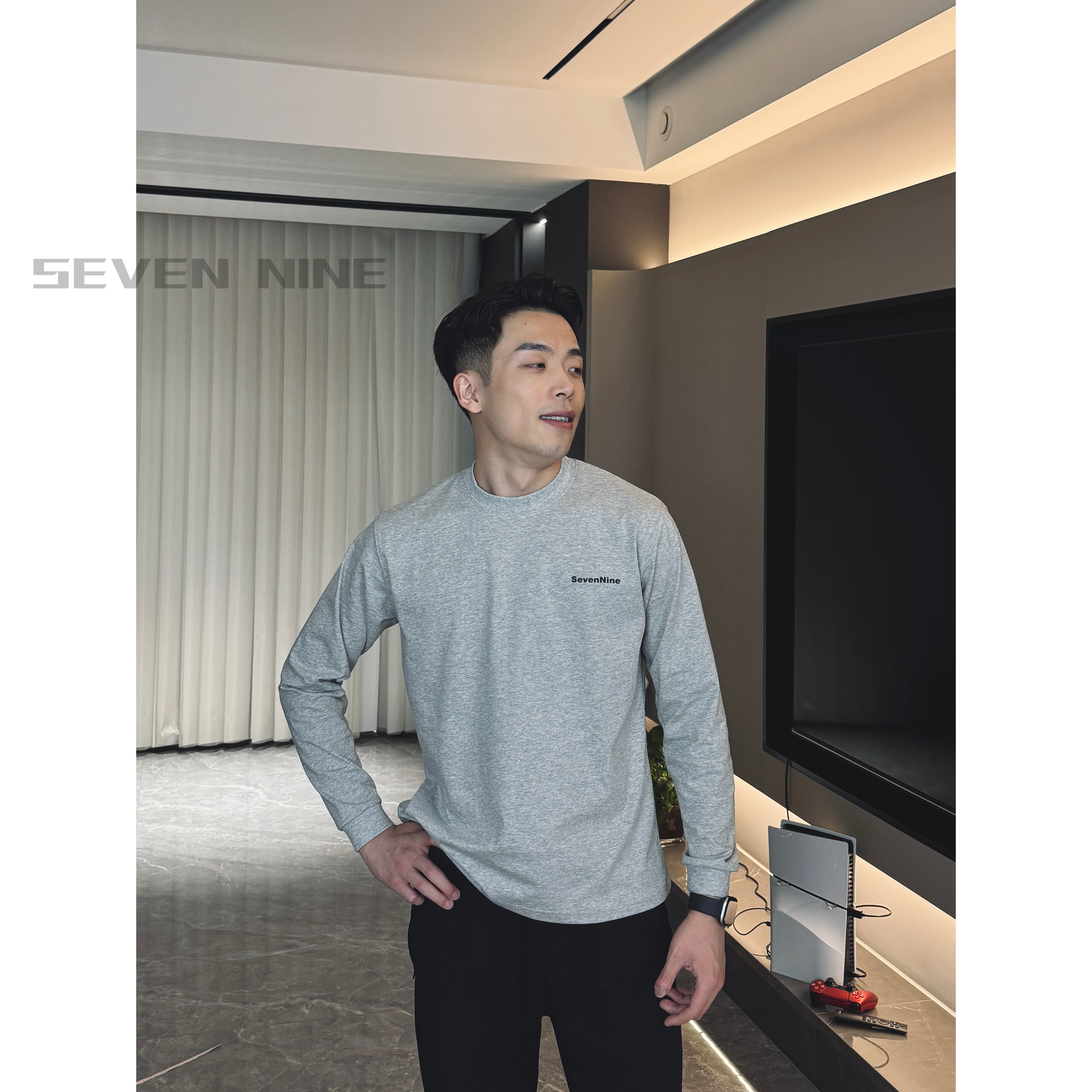 SEVEN NINE新款长袖美式休闲风圆领字母印花T恤休闲运动秋冬上衣