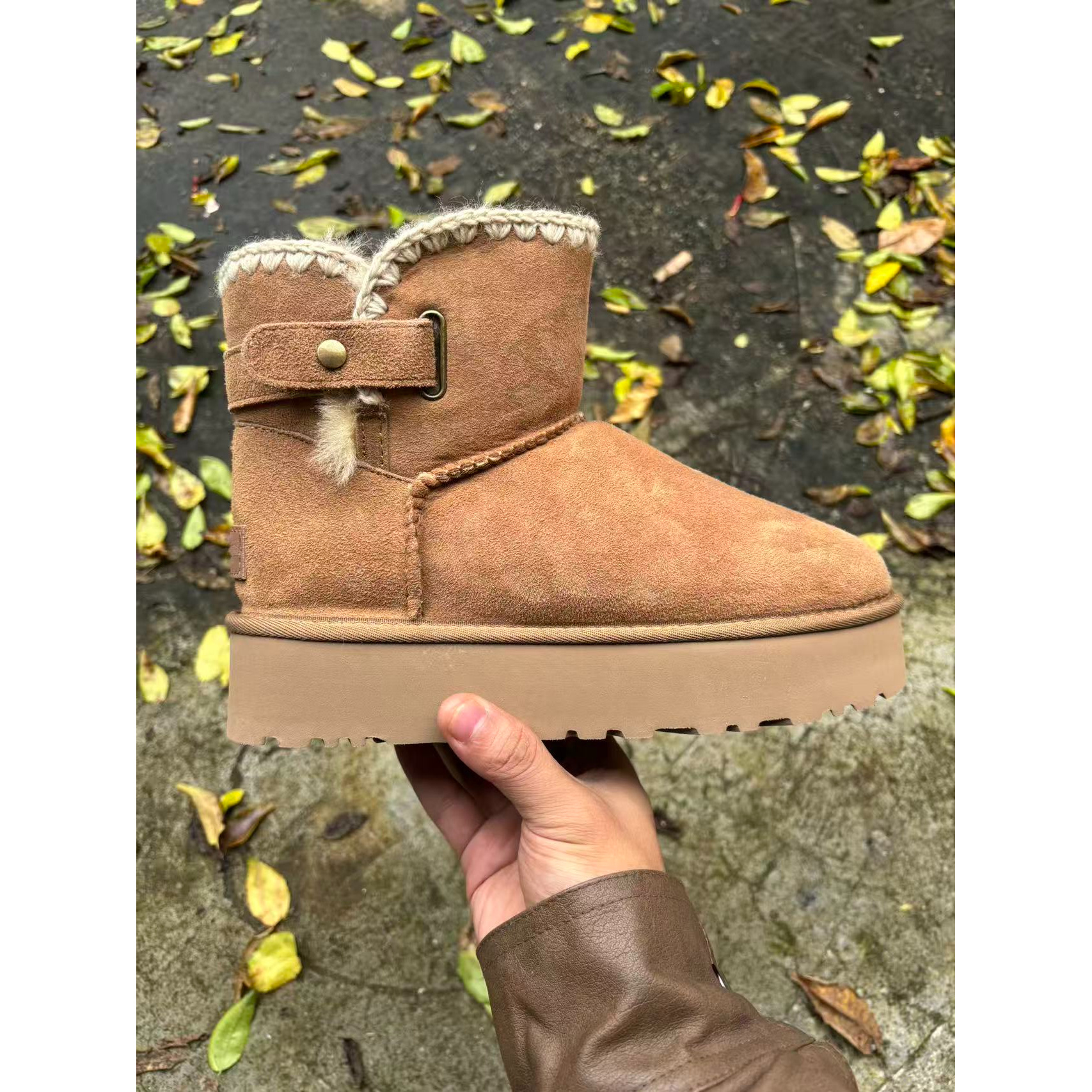 【毛线口周冬雨铜扣款全新未拆封】桑坡雪地靴羊皮毛一体薄/厚底