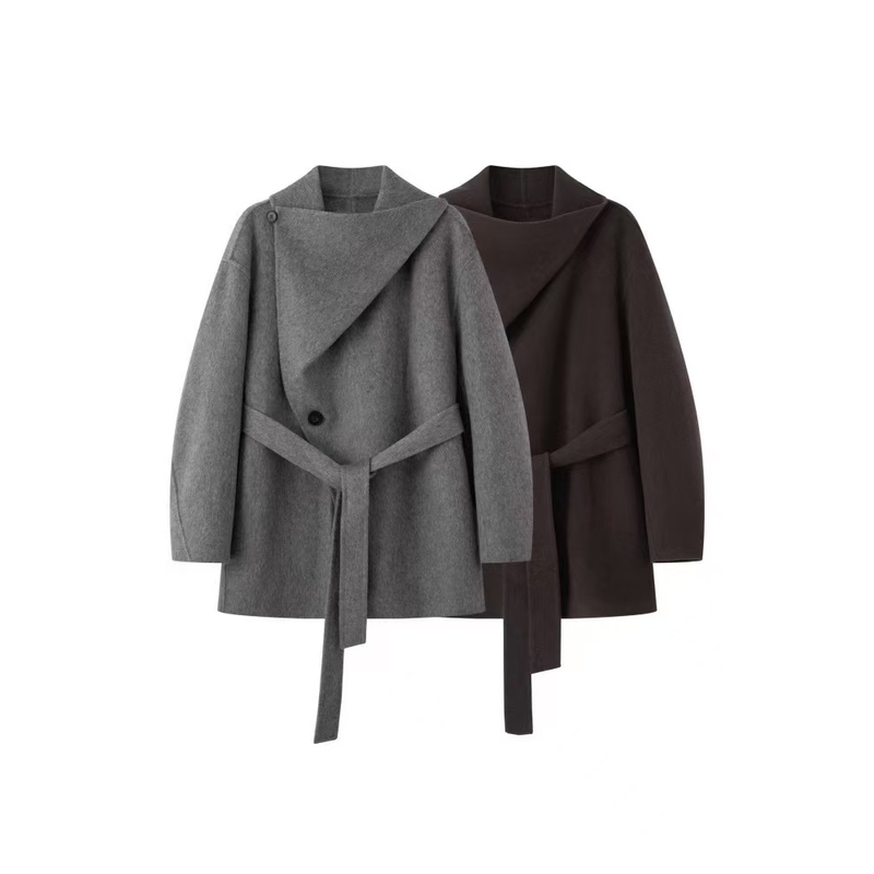 艾家韩版拼接毛呢外套翻领双面呢外套中长款-AR234129