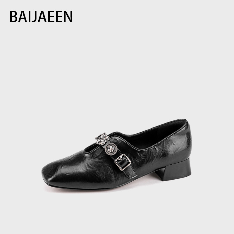 BAI JAEEN百加好/9988003新款时尚复古百搭低跟圆头舒适单鞋B