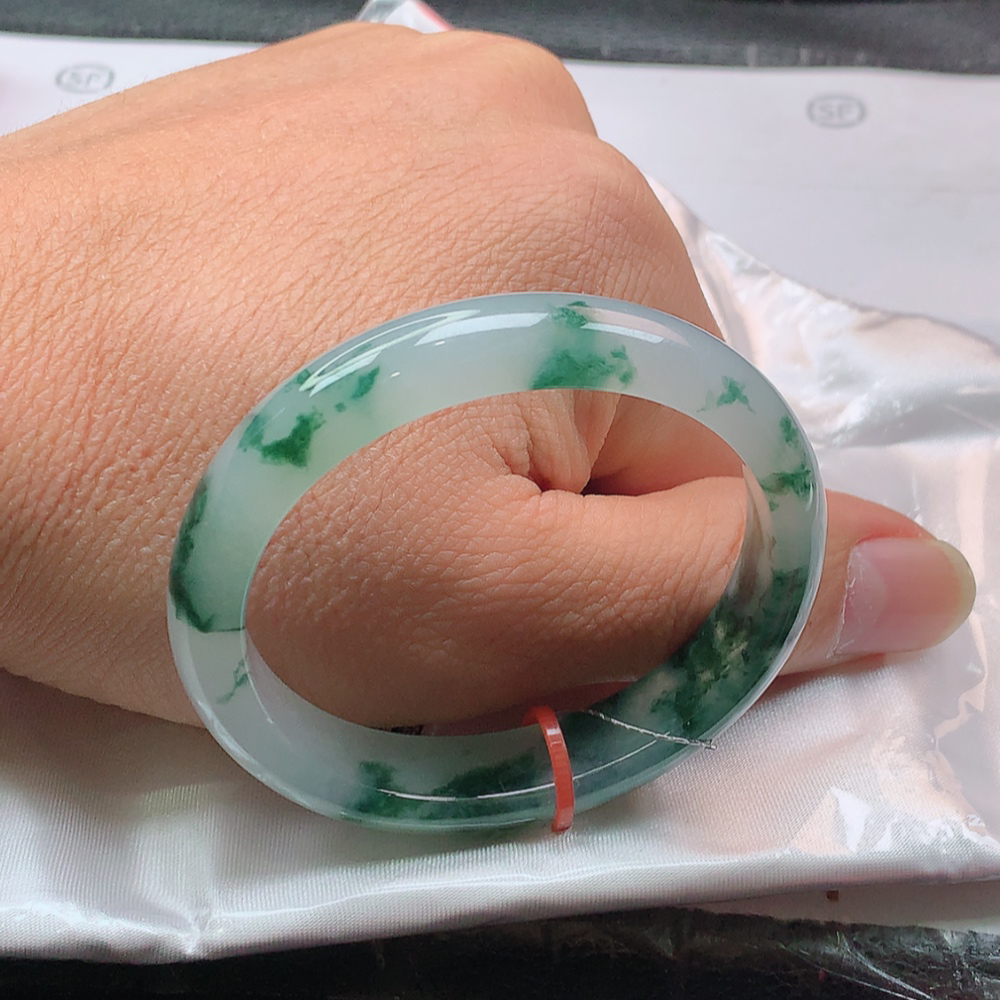 53贵妃缅甸天然a货翡翠飘花手镯老料起胶高冰冰透飘绿女士精美