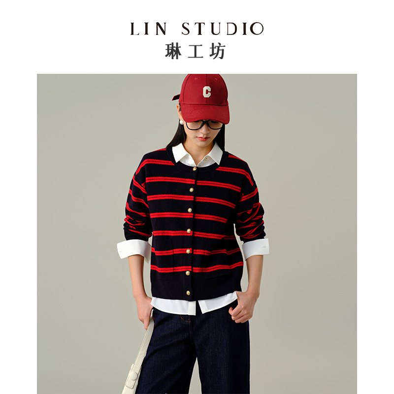 【绵羊毛】琳工坊“凤来”红蓝条纹针织衫时尚复古休闲唐琳设计师