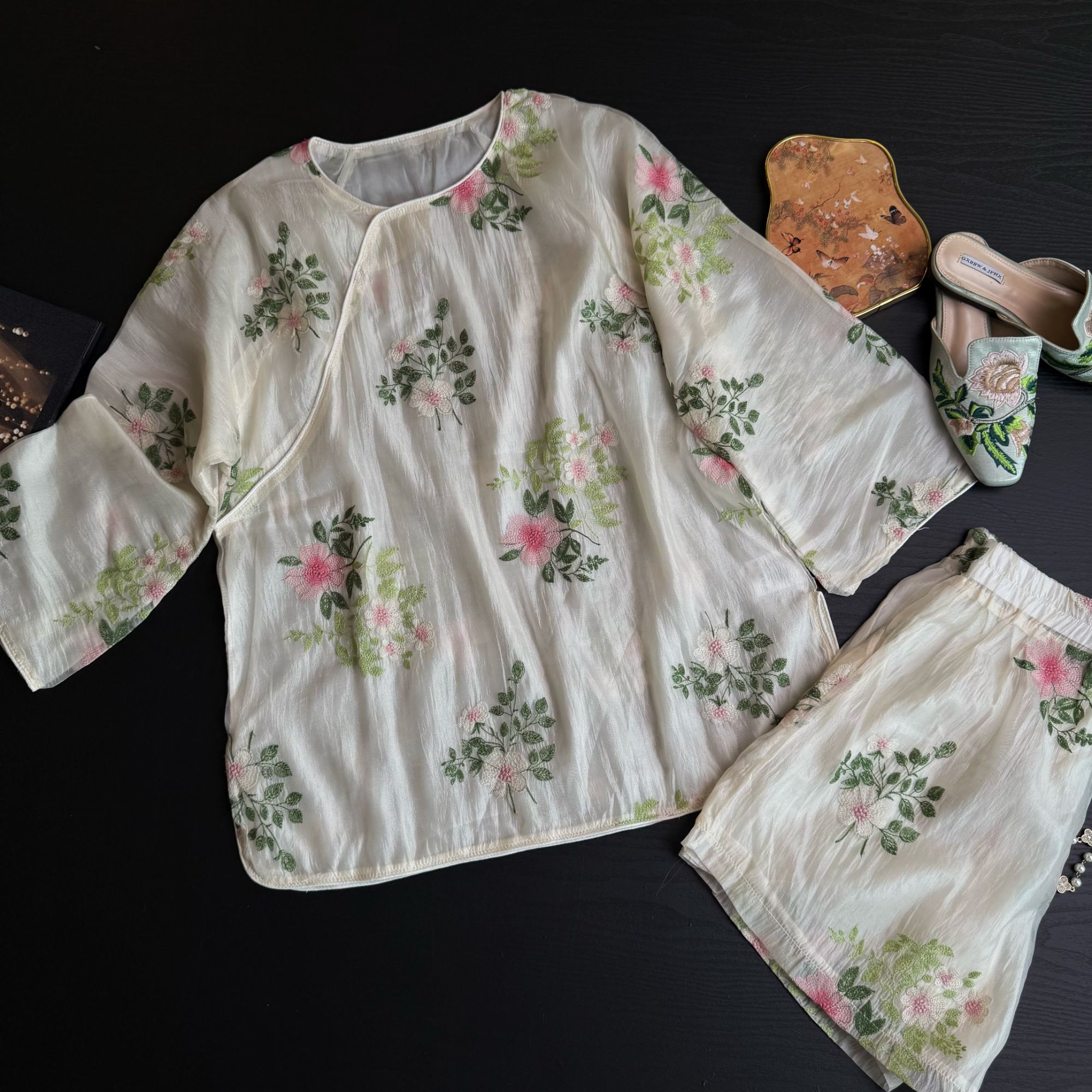 【繁华锦】国风新中式女款繁花衬衫宽松型圆领常规袖刺绣套装