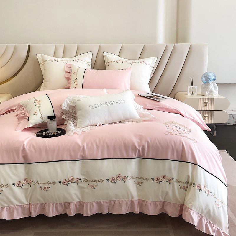 【爱尔莎】法式浪漫花朵刺绣全棉纯棉100%棉四件套套件