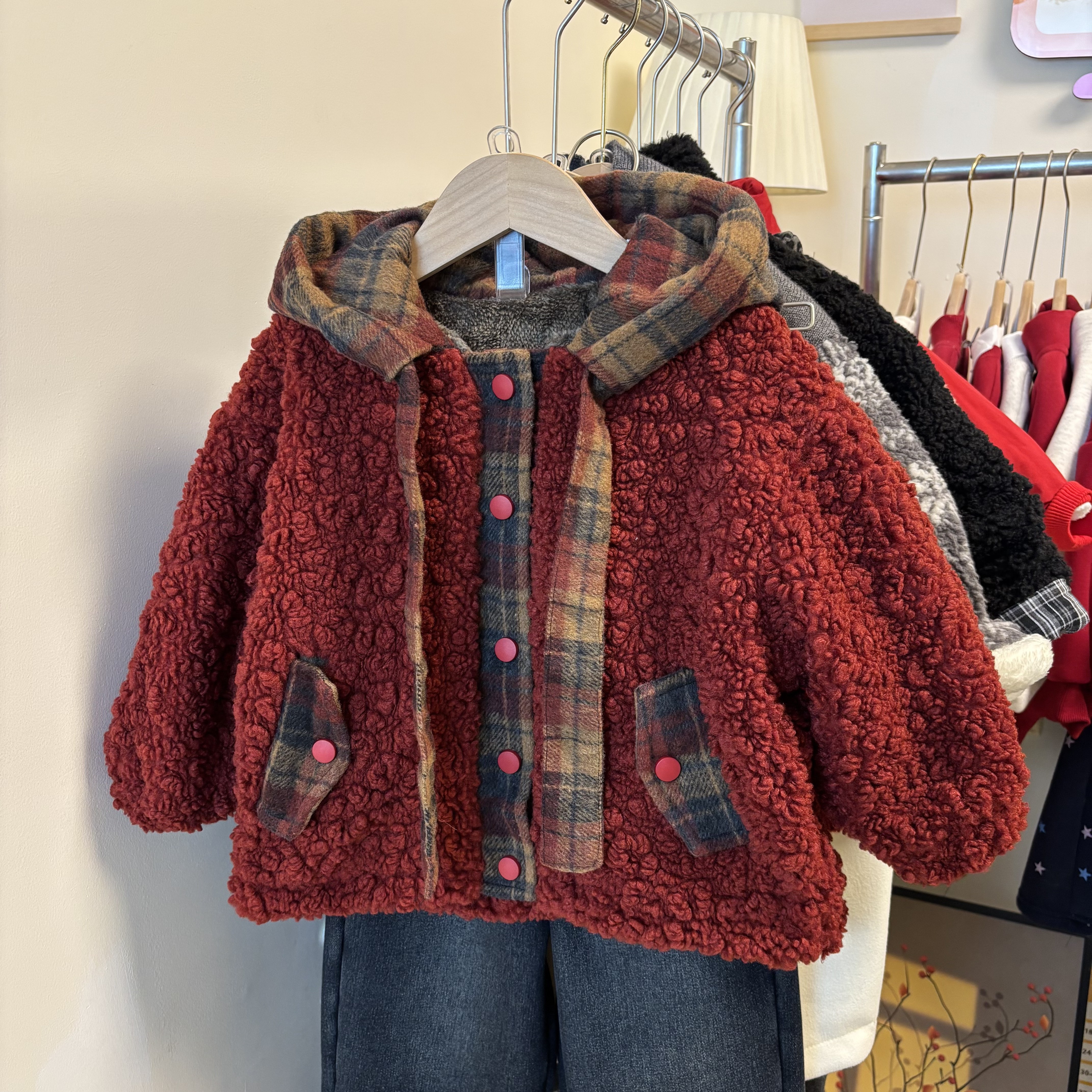 儿童冬季加绒新款棉衣男女宝宝加绒加厚复古保暖韩版连帽毛毛衣YQ