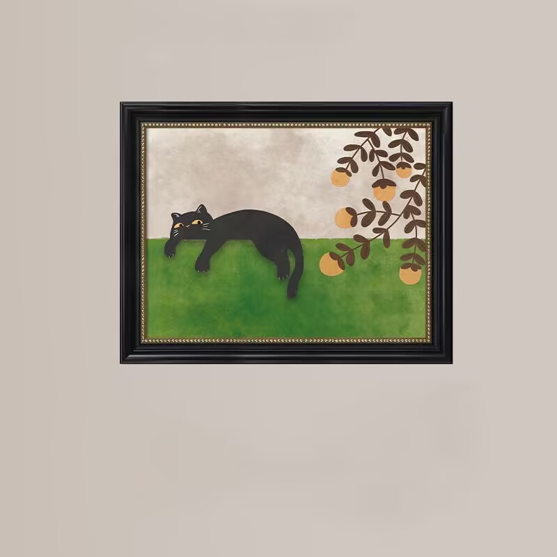 慵懒猫咪法式中古风客厅装饰画治愈系卧室床头沙发后餐厅挂画A11