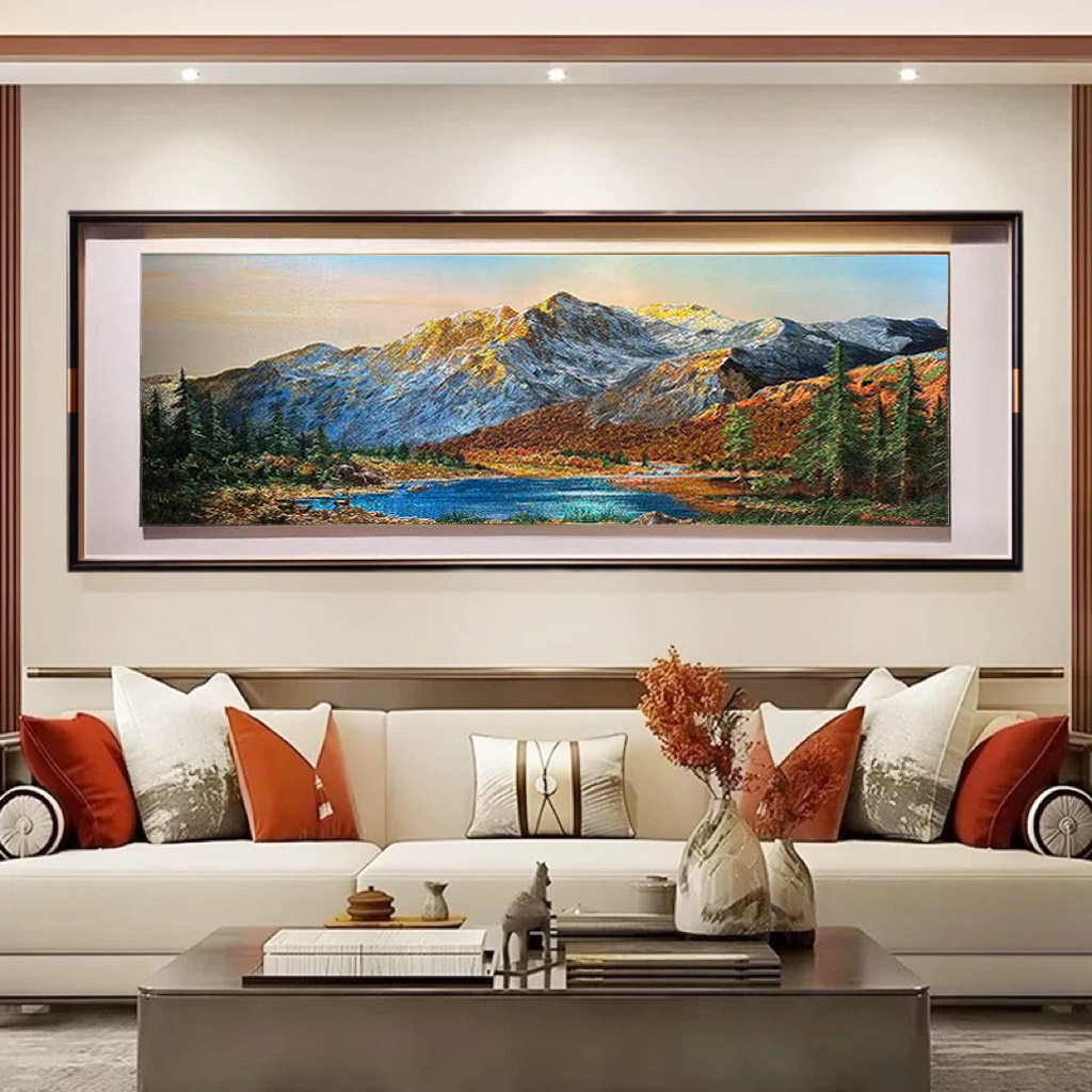 【重工刺绣】高端双框刺绣金山聚宝盆双框装裱客厅办公室背景墙装