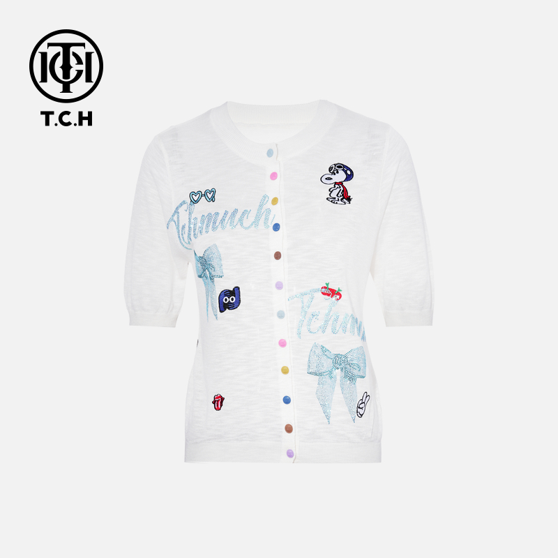 TCH烫钻工艺时尚休闲百搭舒适春秋针织开衫女T75B43E5008轻奢tch