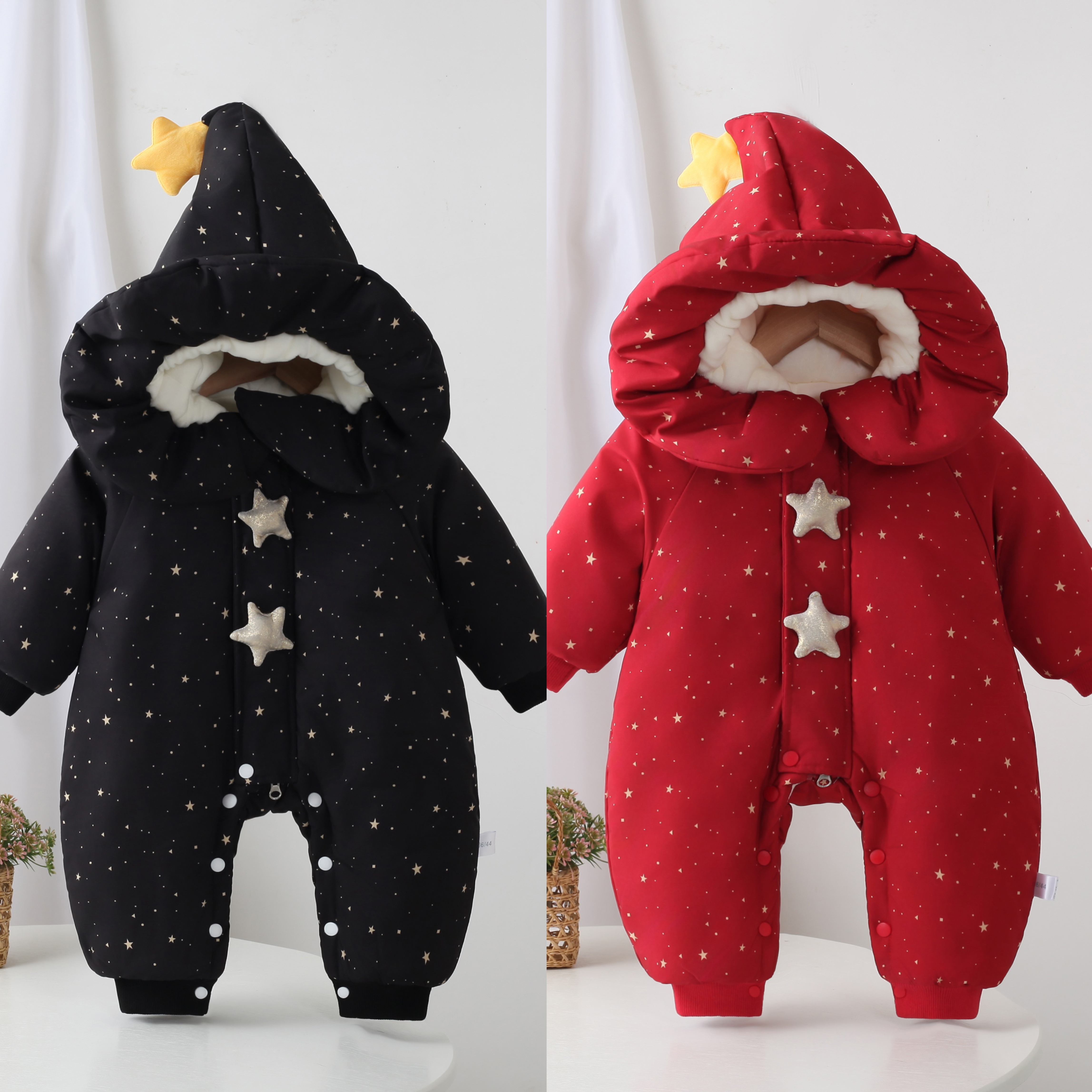 Z冬季新款男女宝宝星星尖帽插肩厚棉连体衣超萌可爱外出服