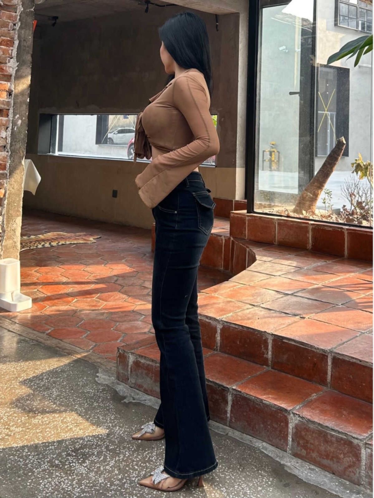 直播链接新款复古风辣妹弹力高腰喇叭