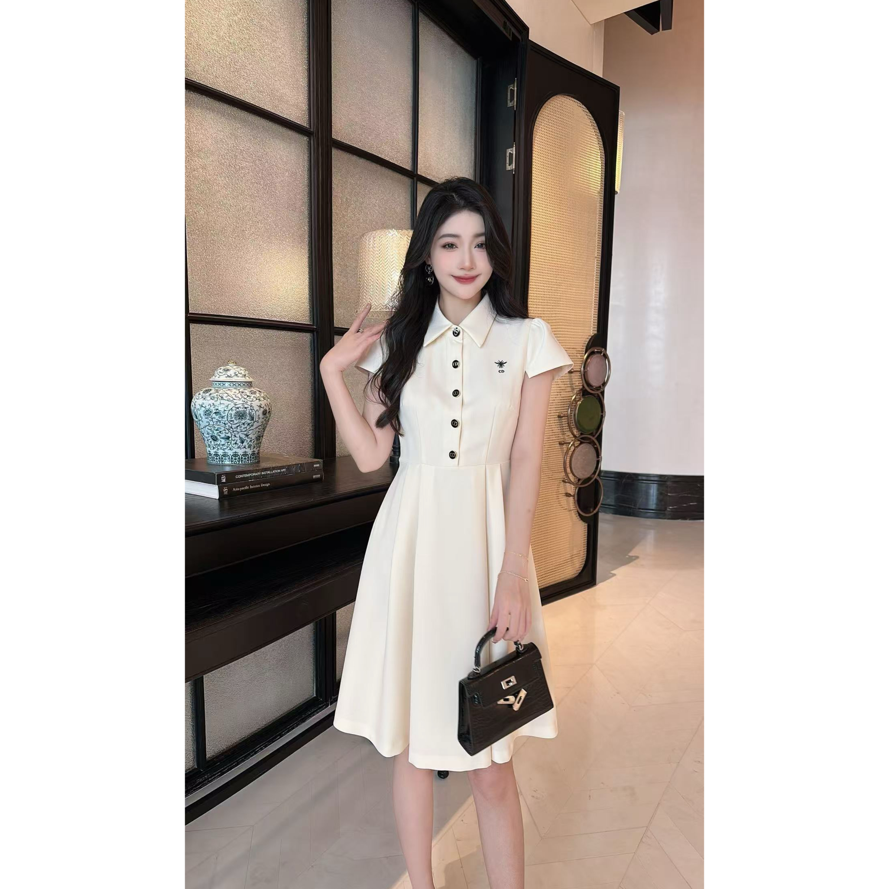 S-XXL南油夏新款polo领学院风收腰显瘦纯色连衣裙SH160