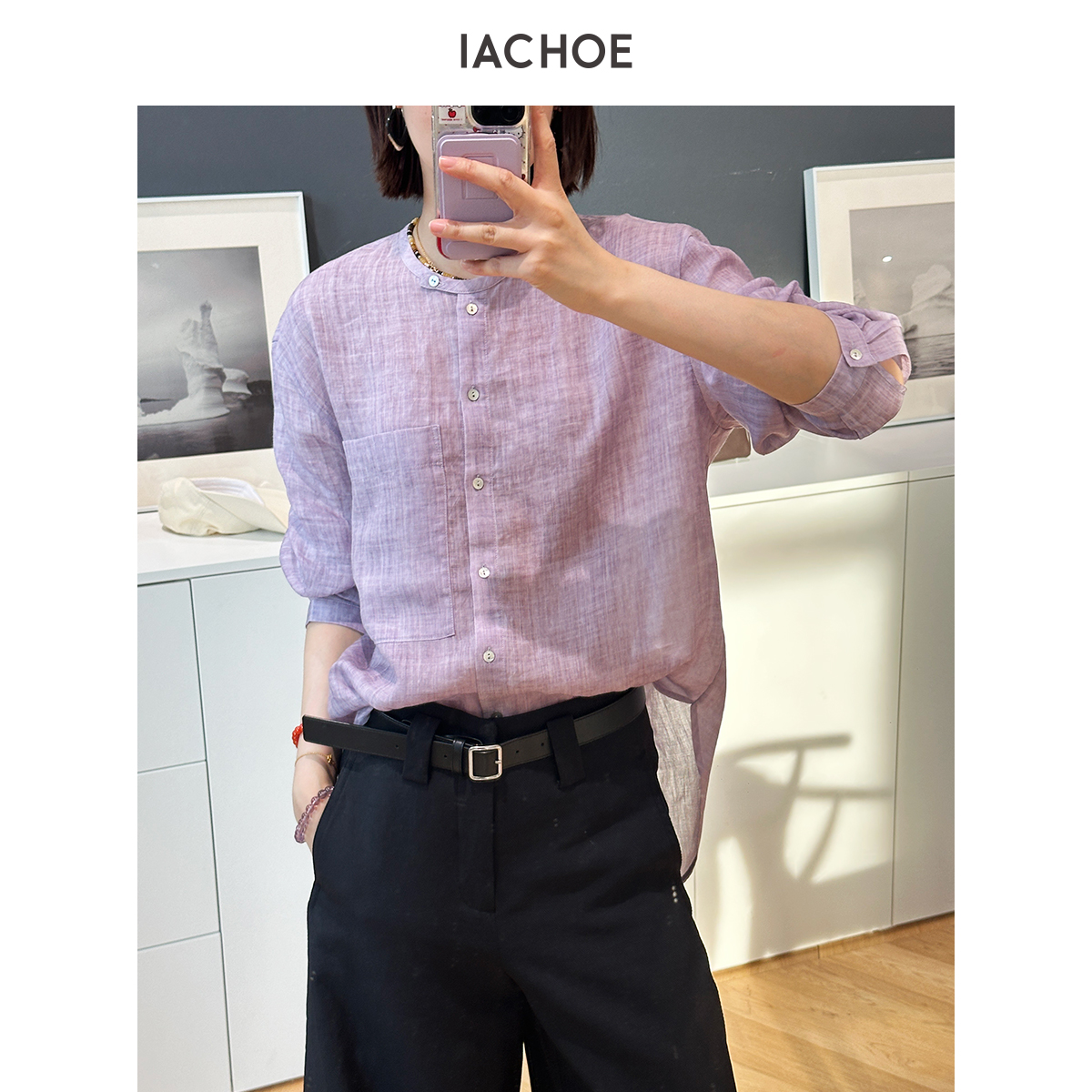 IACHOE【冰葡萄】紫色苎麻圆领衬衫3631504007