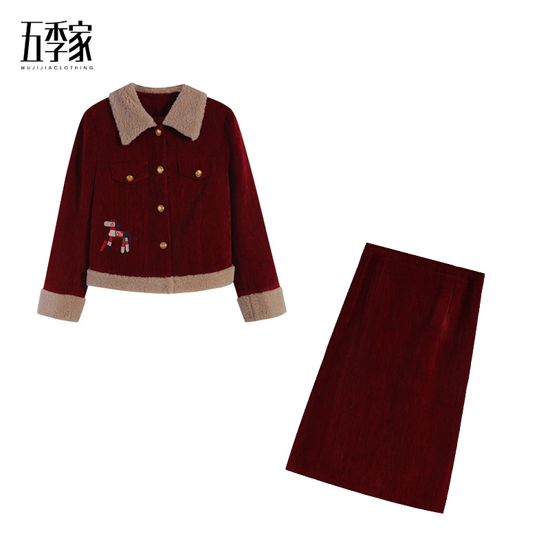 五季家/【马到成功】马年新年战袍冬季红色上衣+半裙套装 ZL114960