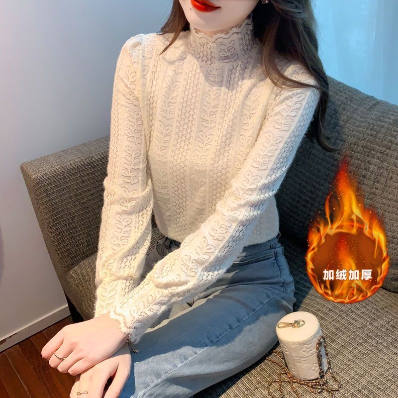 叠穿长袖蕾丝打底衫女植绒显瘦衬衫时尚上衣洋气加绒加厚内搭小衫