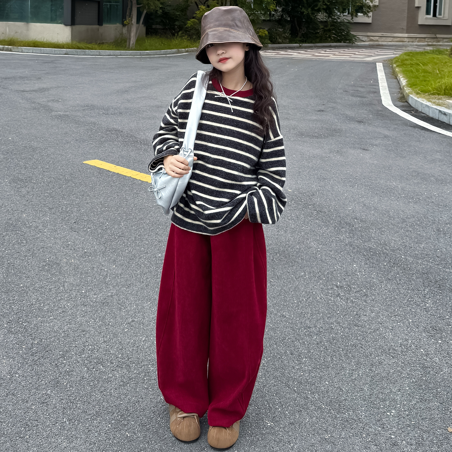 2025新款秋冬季女童兔毛绒针织衫洋气女孩条纹中大童百搭上衣