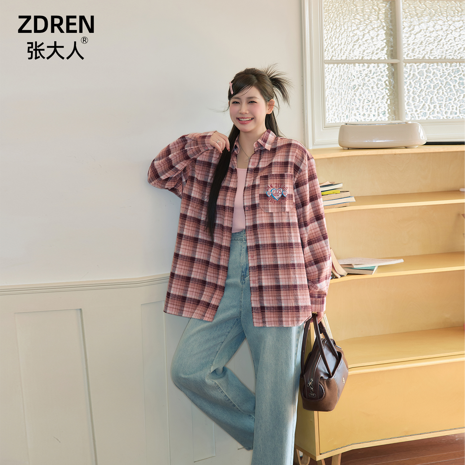 芋泥弹【格纹唱片】大码女装微胖妹妹开春休闲牛仔裤搭格纹衬衫套装