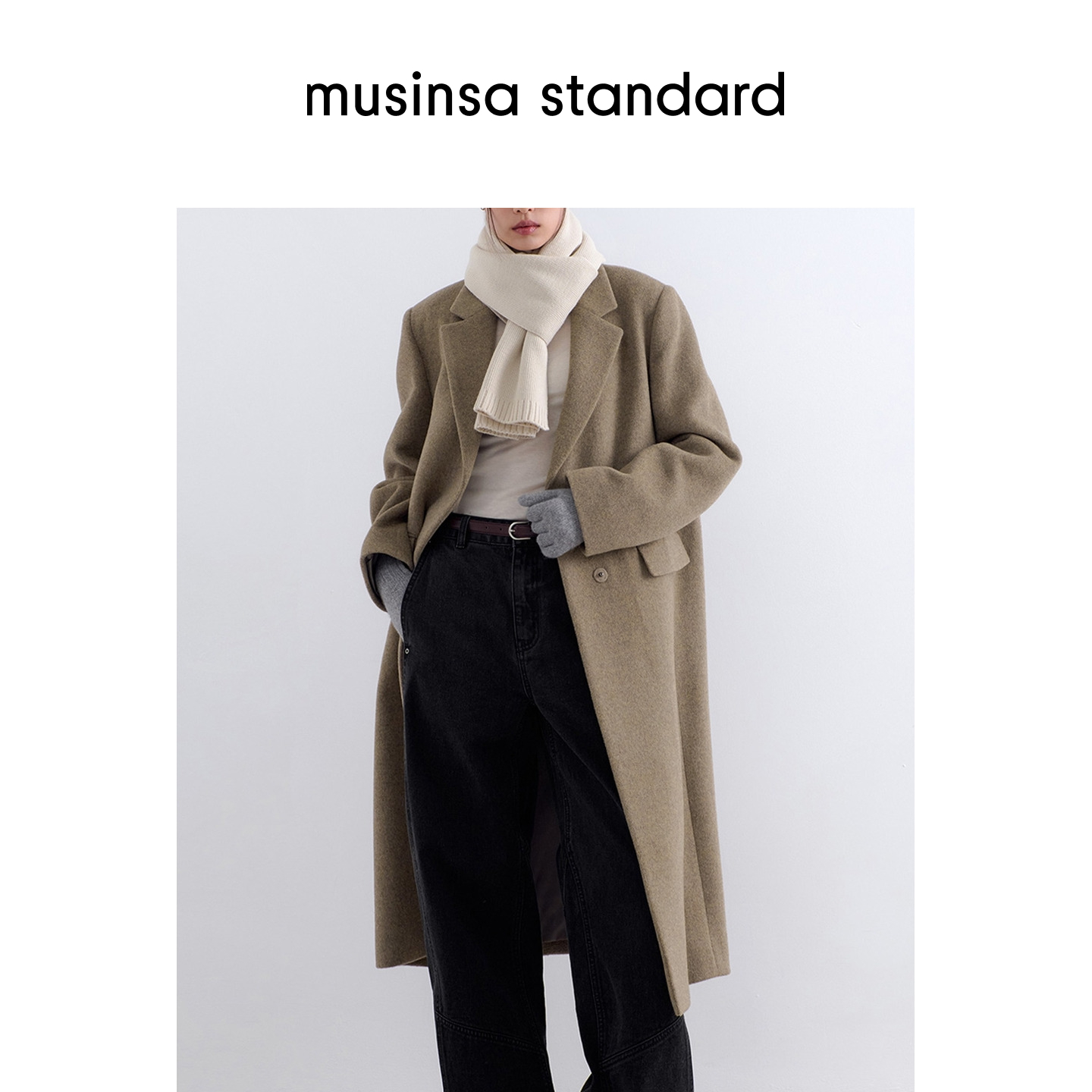 musinsa standard25冬季女士羊毛混纺保暖翻领长款毛呢大衣外套