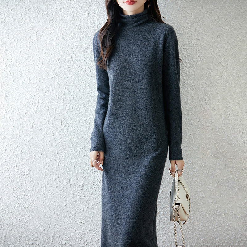 高领纯羊毛衫女中长款针织打底衫百搭气质大码毛衣韩版堆堆领长袖