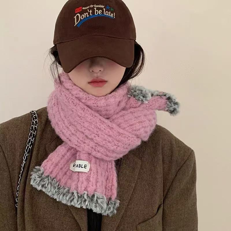 2024新款纯色毛边围巾女秋冬款高级感针织保暖时尚百搭情侣款围脖