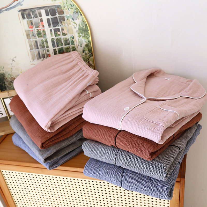 2025新款男女四层纯棉纱布包边加厚睡衣秋冬无印风情侣家居服套装