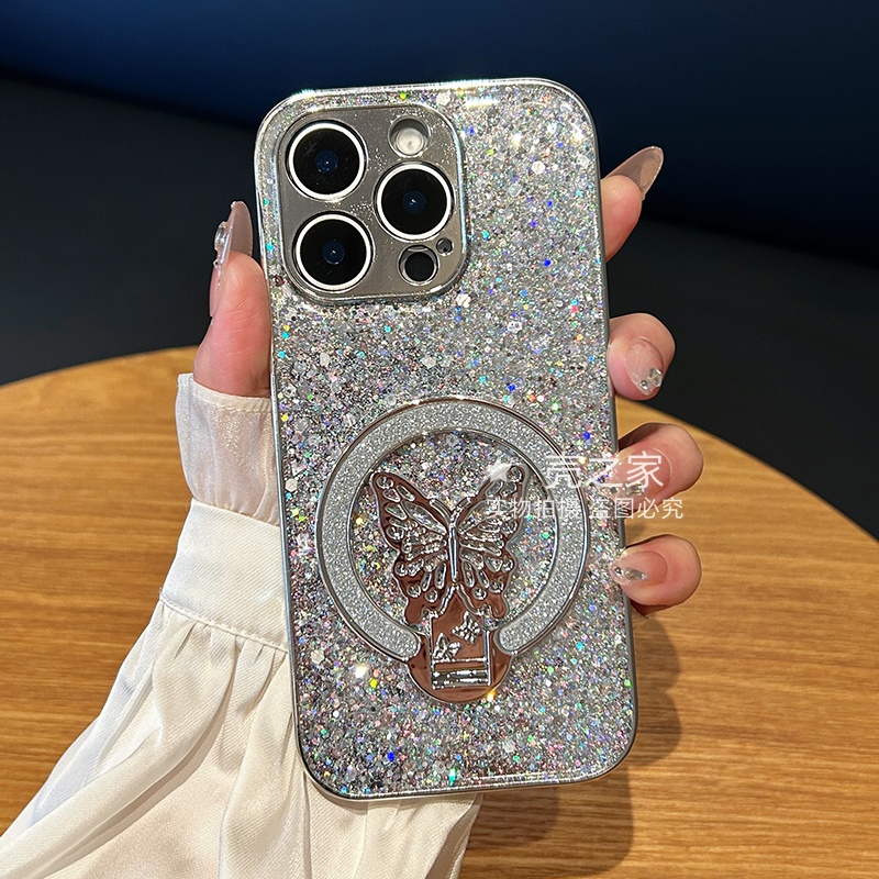 闪粉蝴蝶支架适用苹果华为vivo荣耀oppo小米手机壳电镀滴胶女新款