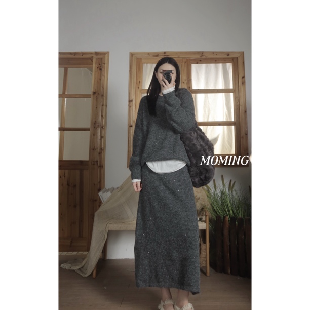 MOMING冬季新品 雾暖茶香 法式重工极简风亮片针织套装