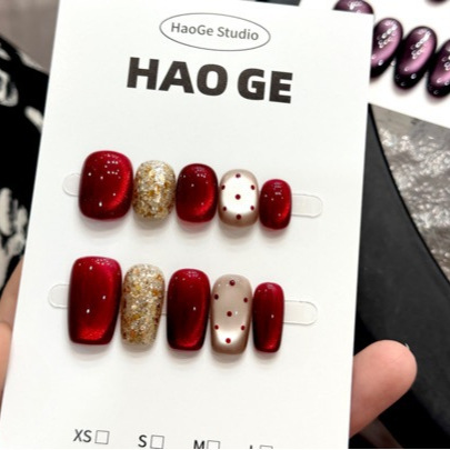 【落日玫瑰海】风情红色波点跳色猫眼精致纯手工定制穿戴甲