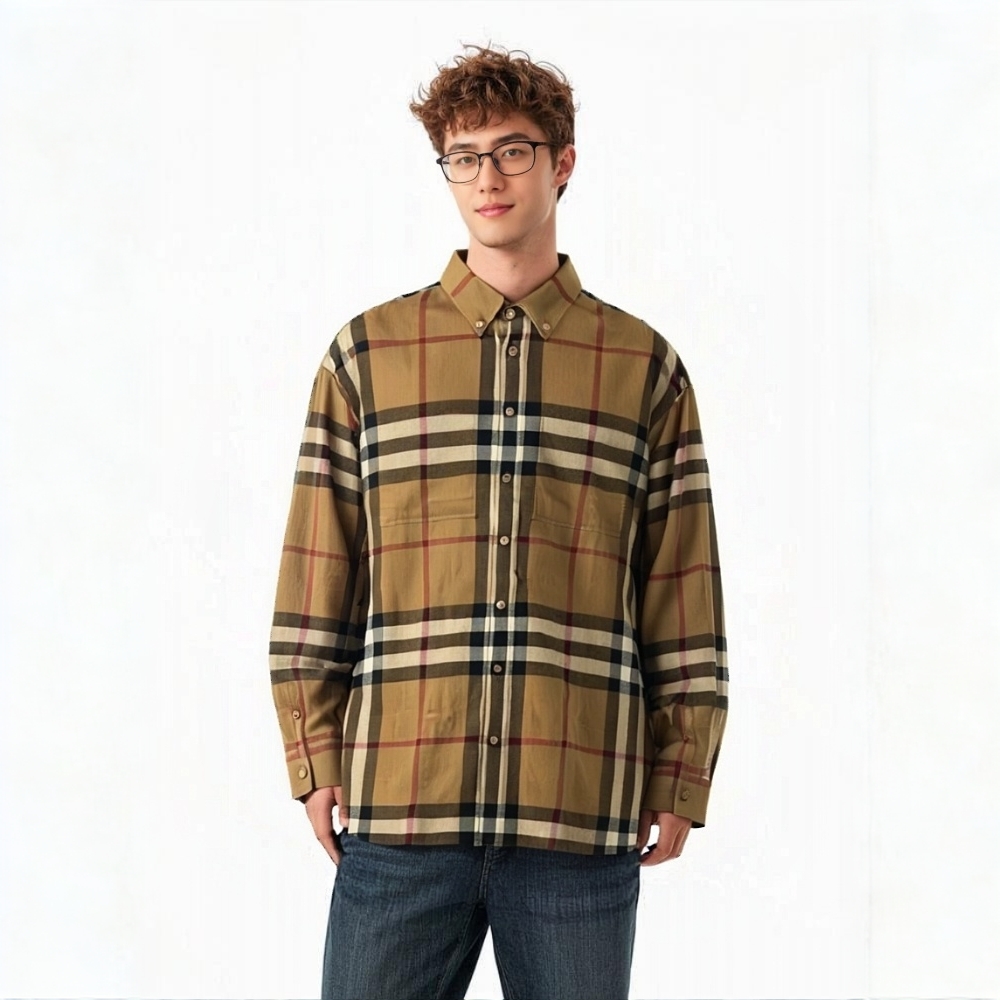 未使用 BURBERRY/博柏利 18642208 格纹翻领宽松衬衫 卡其色 L码