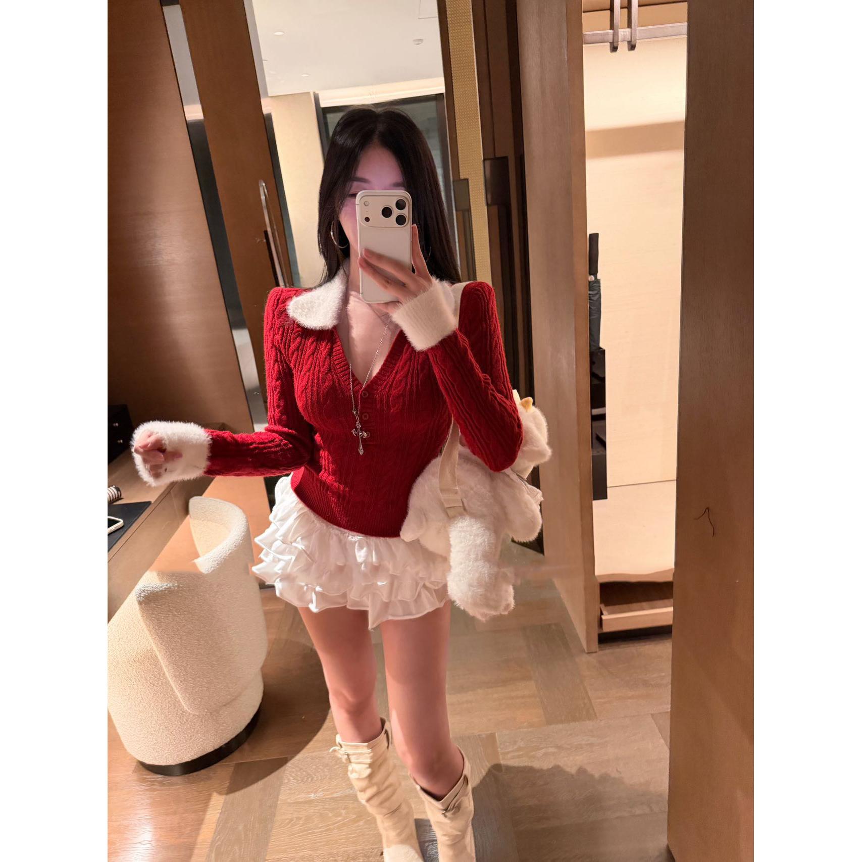 秋季2025韩系纯欲新款毛毛领v领拼接针织衫修身显瘦百搭长袖上衣