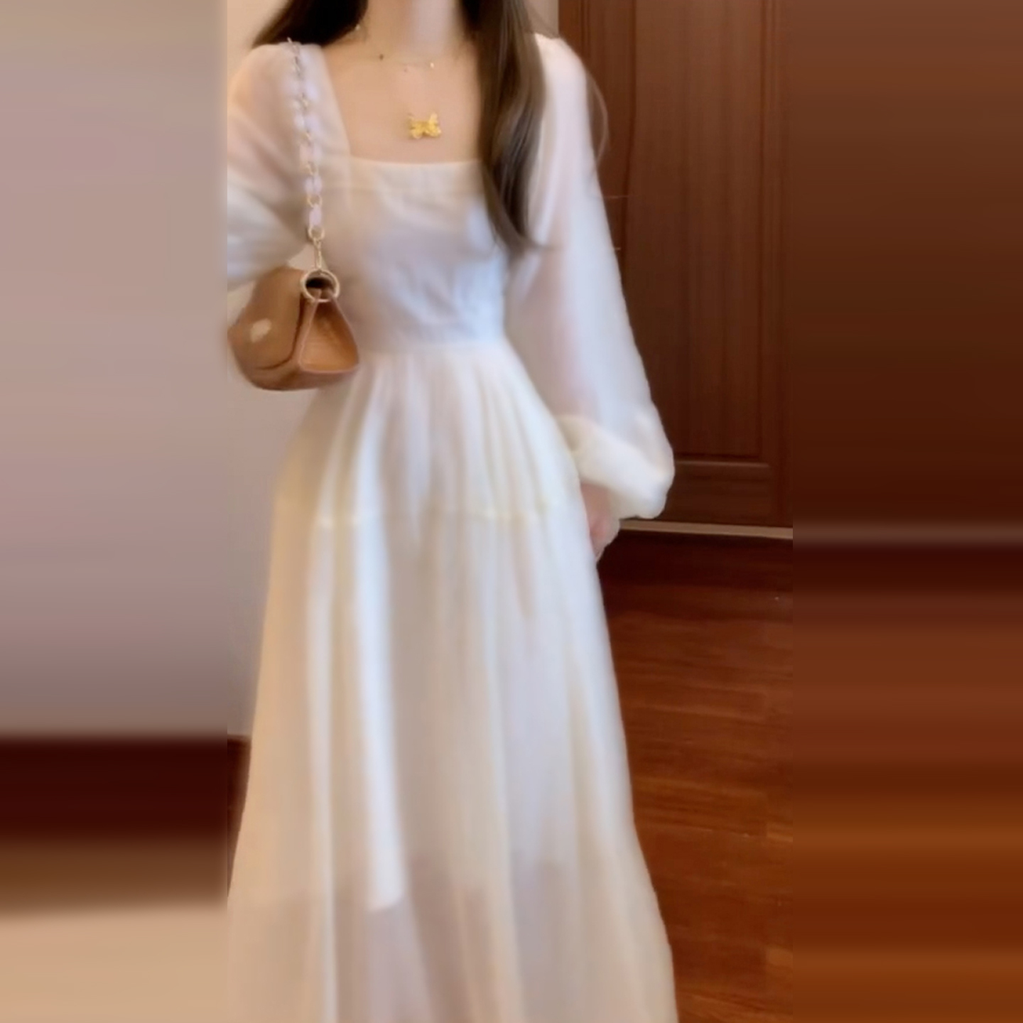 法式白色长袖连衣裙子女早秋季2025新款高级感泡泡袖收腰显瘦长裙