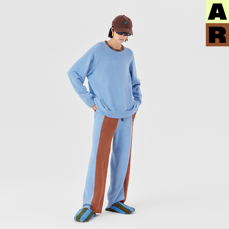 AR原创r线半拼色边绒套装家居服可外穿长袖保暖绒显瘦秋冬【自】