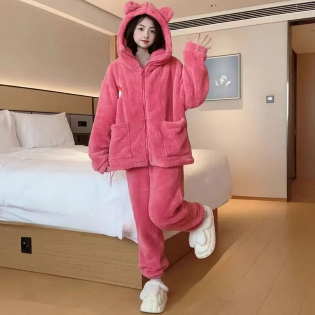 树莓粉套装裤子女冬季加绒加厚秋冬2025新款冬天家居服睡衣