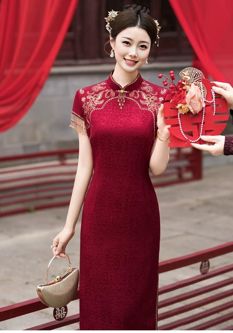 （流光溢彩）高端醋酸喜妈妈喜婆婆显瘦显年轻新中式婚宴礼服旗袍