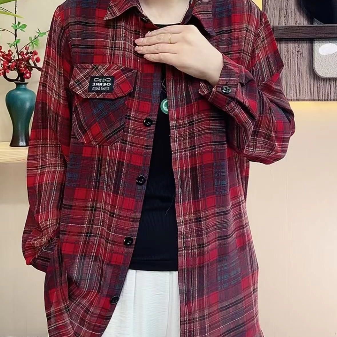 #368夏季新款防晒衣女外穿中老年女薄款格子衬衫休闲宽松上衣