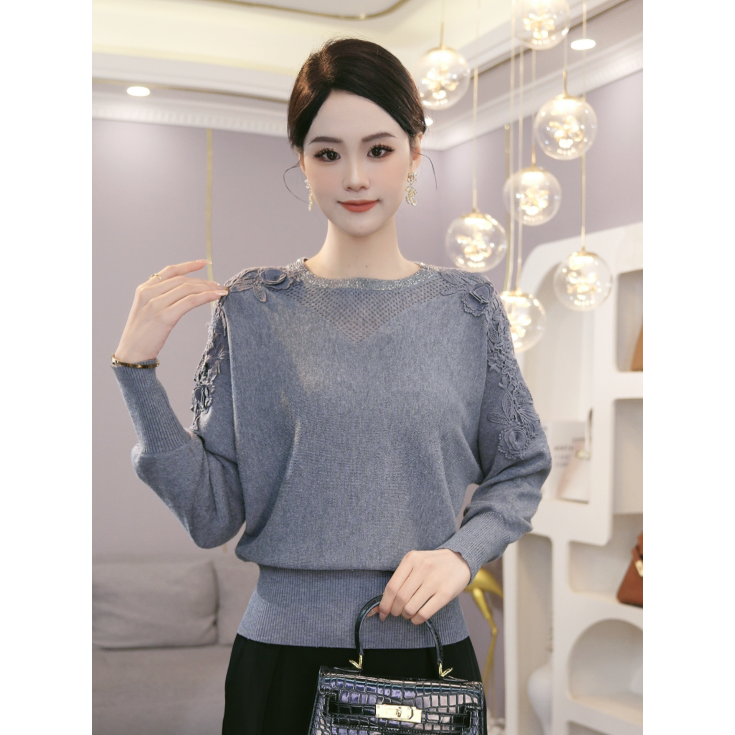 2025秋冬新款【QQ-1228-2JR】含绵羊毛长袖灰色针织打底套头毛衣女