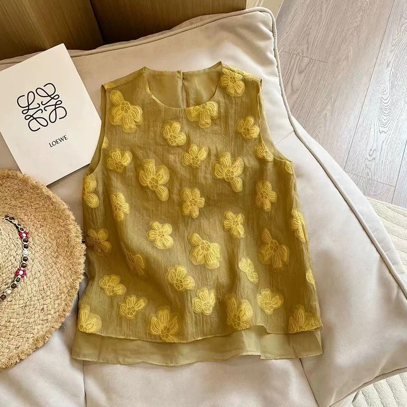 新中式立体刺绣花朵无袖背心上衣2025夏季新款小众设计感百搭小衫