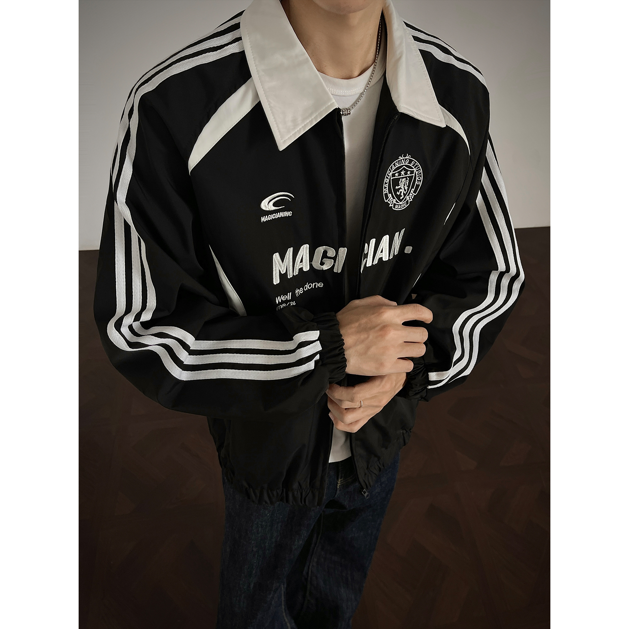 JK336 拼色刺绣翻领美式复古外套男夹克