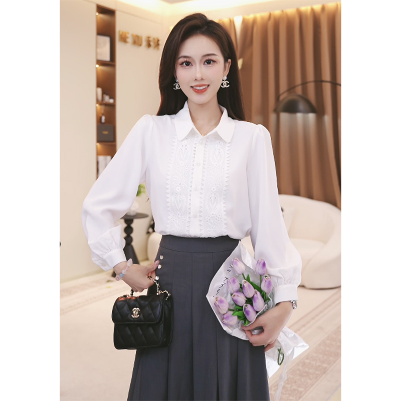 法式洋气别致拼接翻领长袖衬衫女2025秋新款宽松百搭上衣TU29685