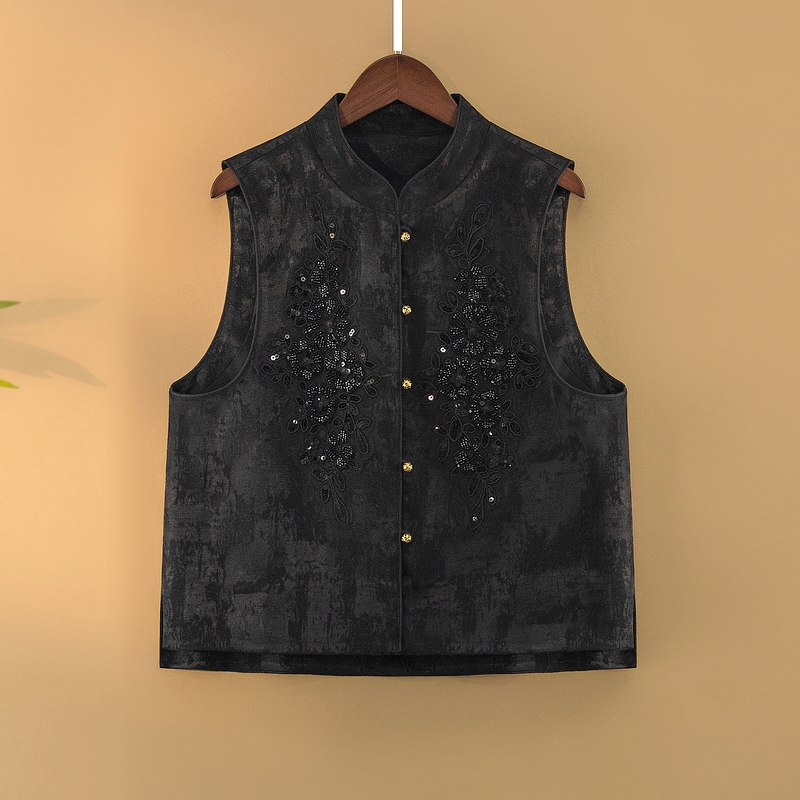 【栀胭】2025新款马甲女装新中式宽松立领亮片绣花秋季薄款上衣马夹