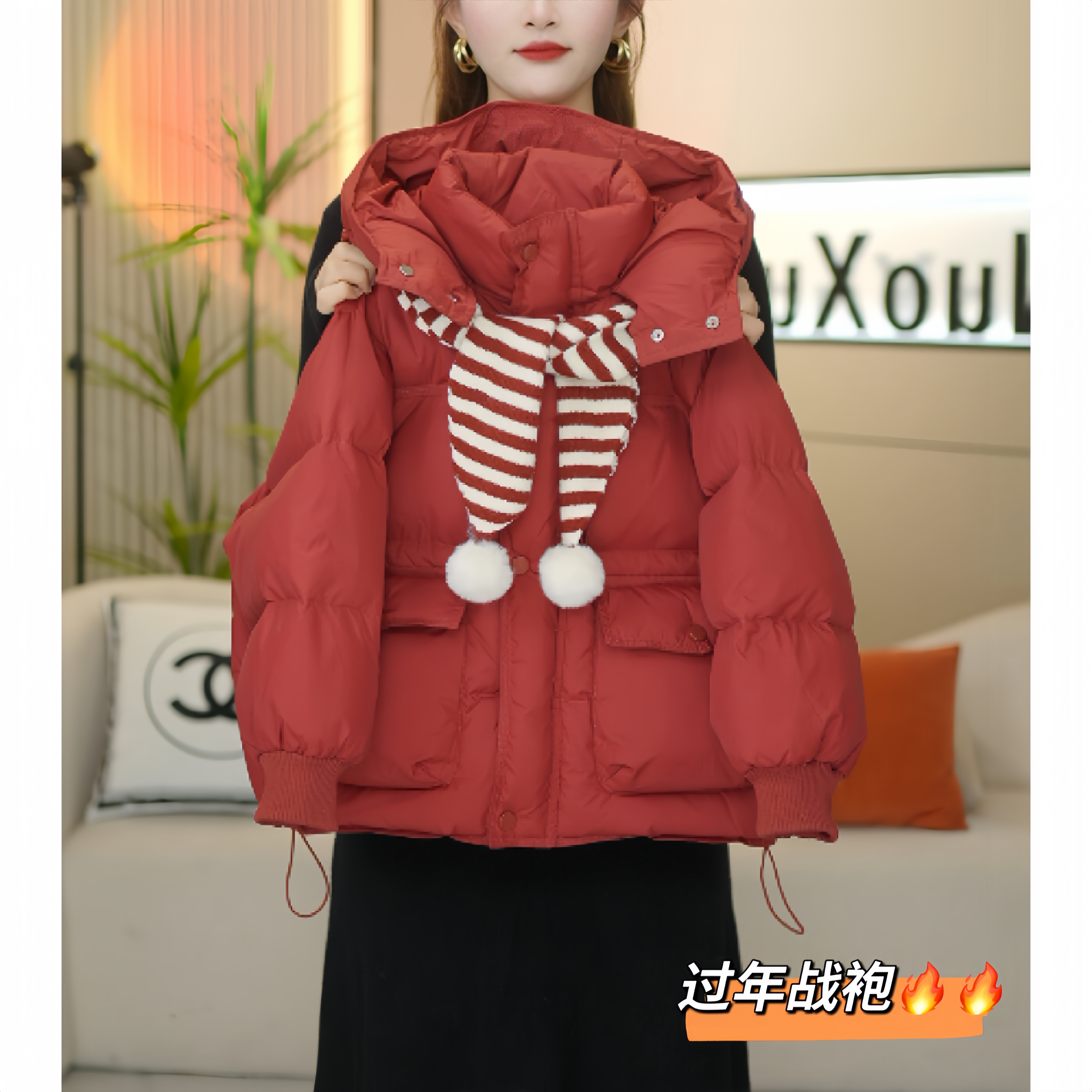 女童2025过年红大口袋加厚洋气显白拜年羽绒服-0304