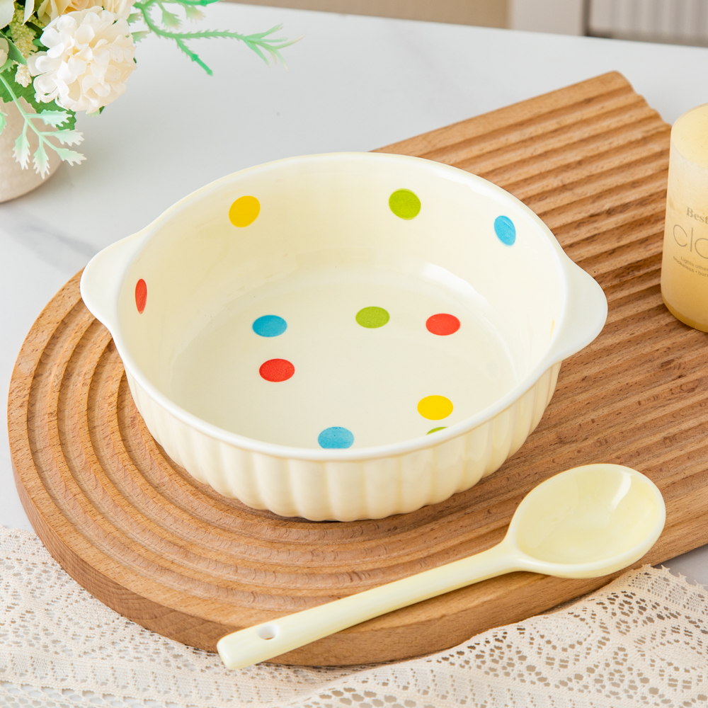 家用陶瓷餐具美二烧釉下彩彩色波点7.5英寸面碗带长柄勺子