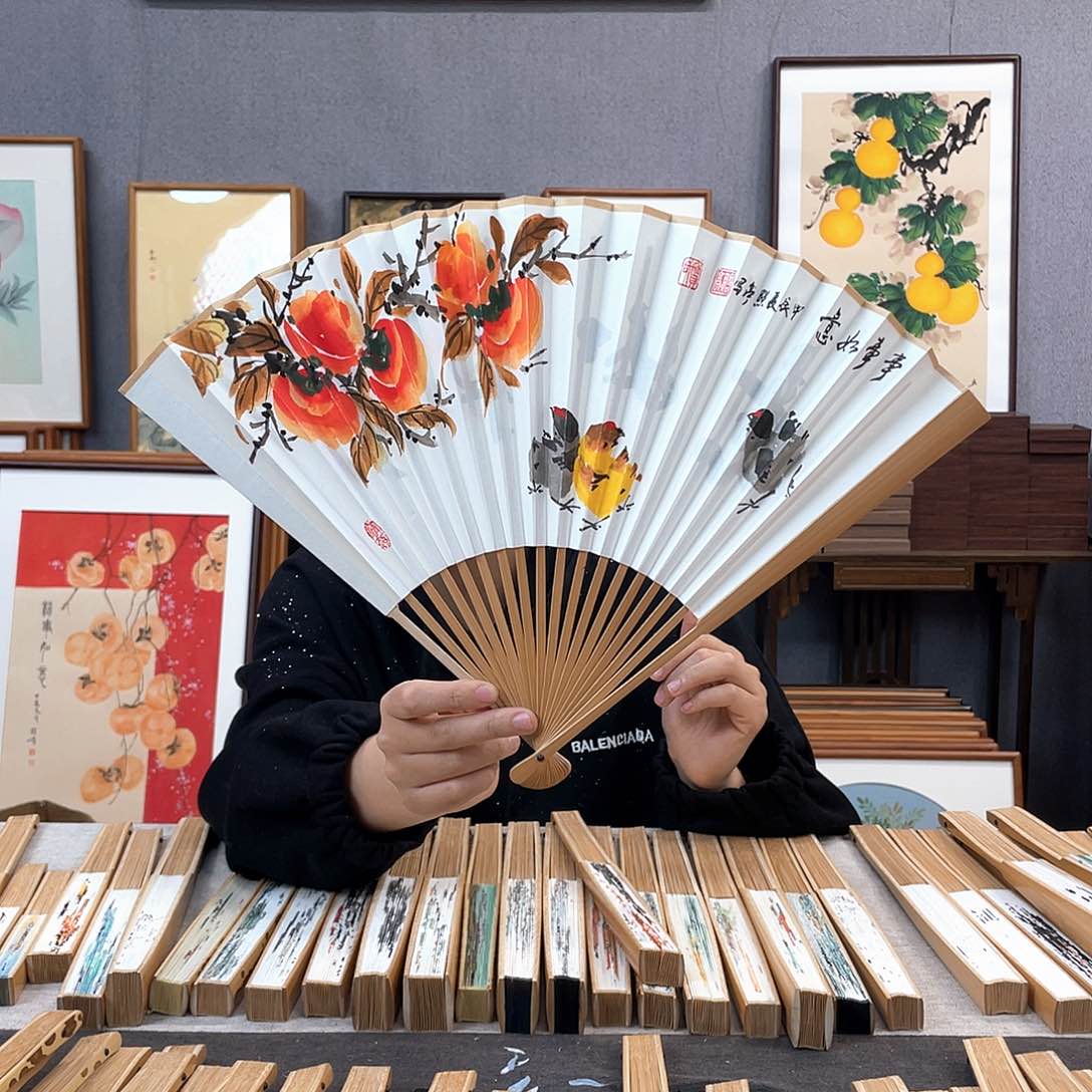 国画95寸玉竹-纯手绘-文玩扇骨（默认粘好）