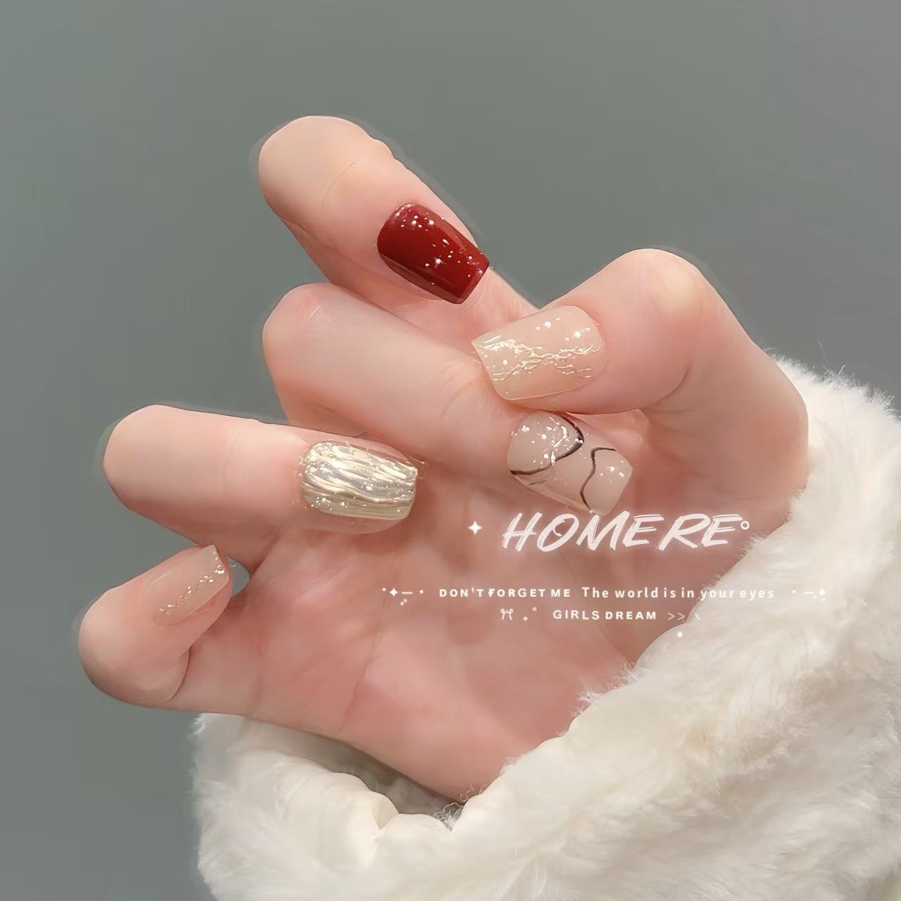 402【优雅起义】法式温柔短款魔镜粉波点鎏金显白气质穿戴甲片