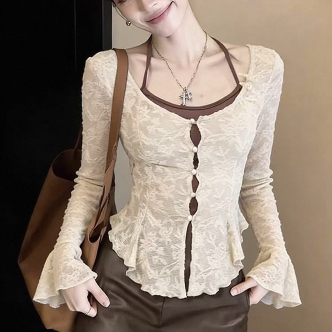 大码女装911美式性感蕾丝拼接长袖t恤女冬新款显瘦绝美气质上衣