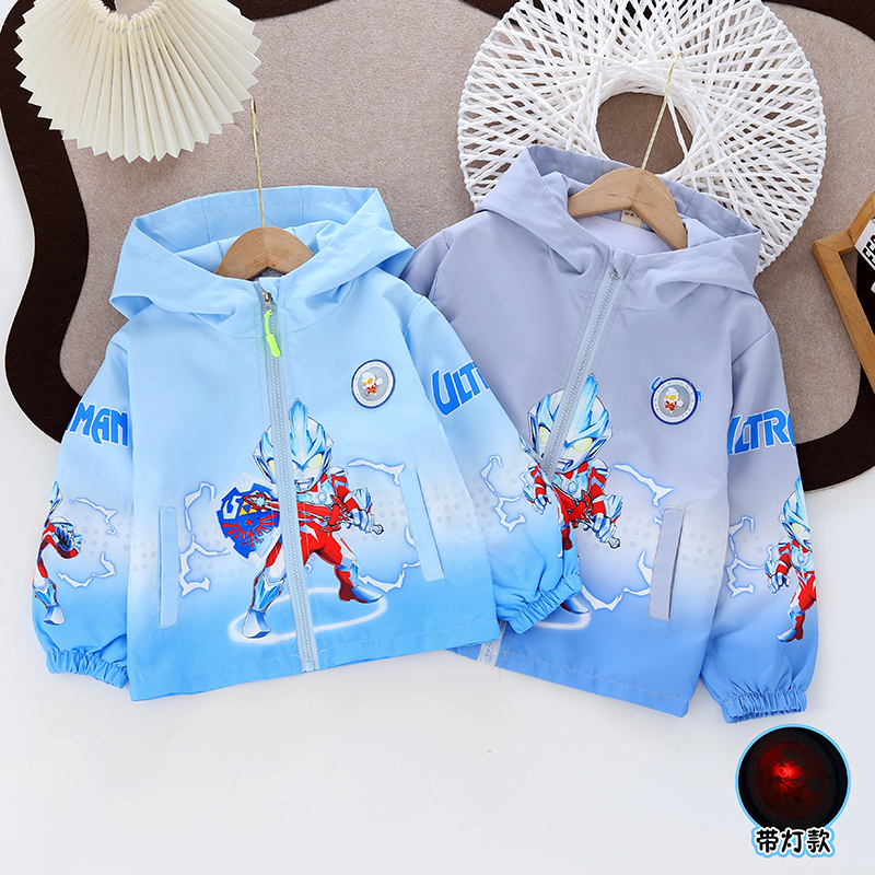 春秋款儿童新款2025冲锋衣外套男童宝宝银河奥特曼亮灯连帽冲锋衣