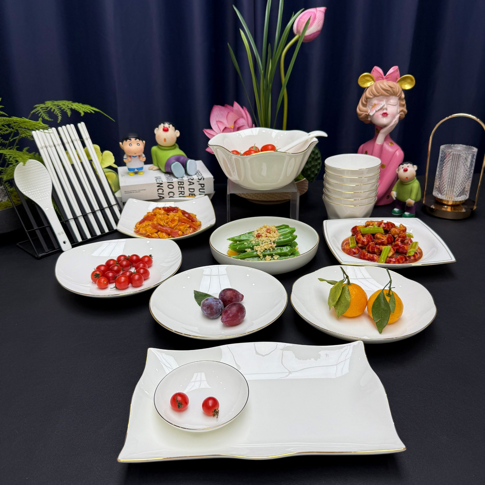 景德镇高温描金骨瓷餐具【6到10位套餐】家用创意盘网红款