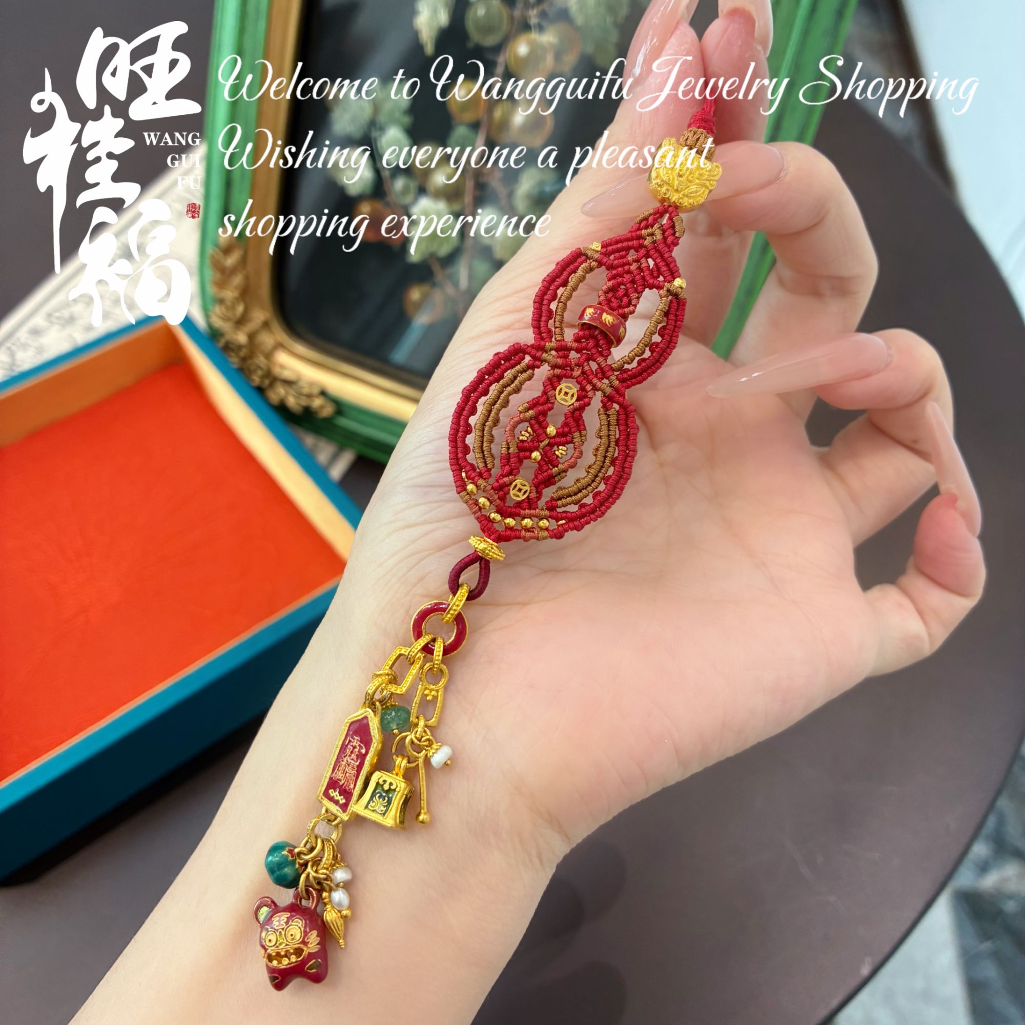 旺桂福传承珠宝-足金999高温烧蓝编织斜卷结如意车挂手机挂包挂