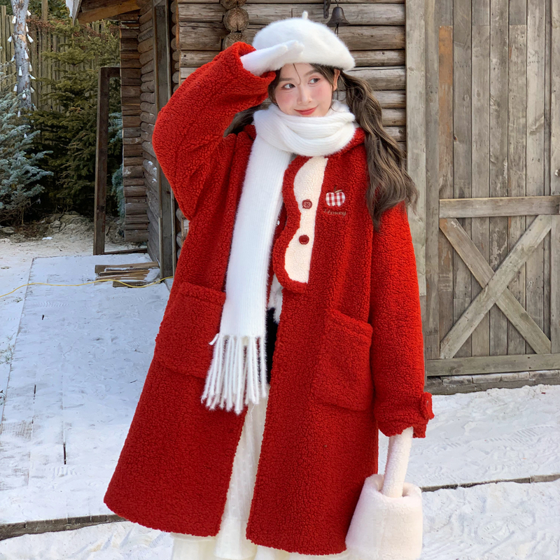 森女部落甜美圣诞氛围宽松毛呢外套女苹果刺绣撞色设计感保暖大衣