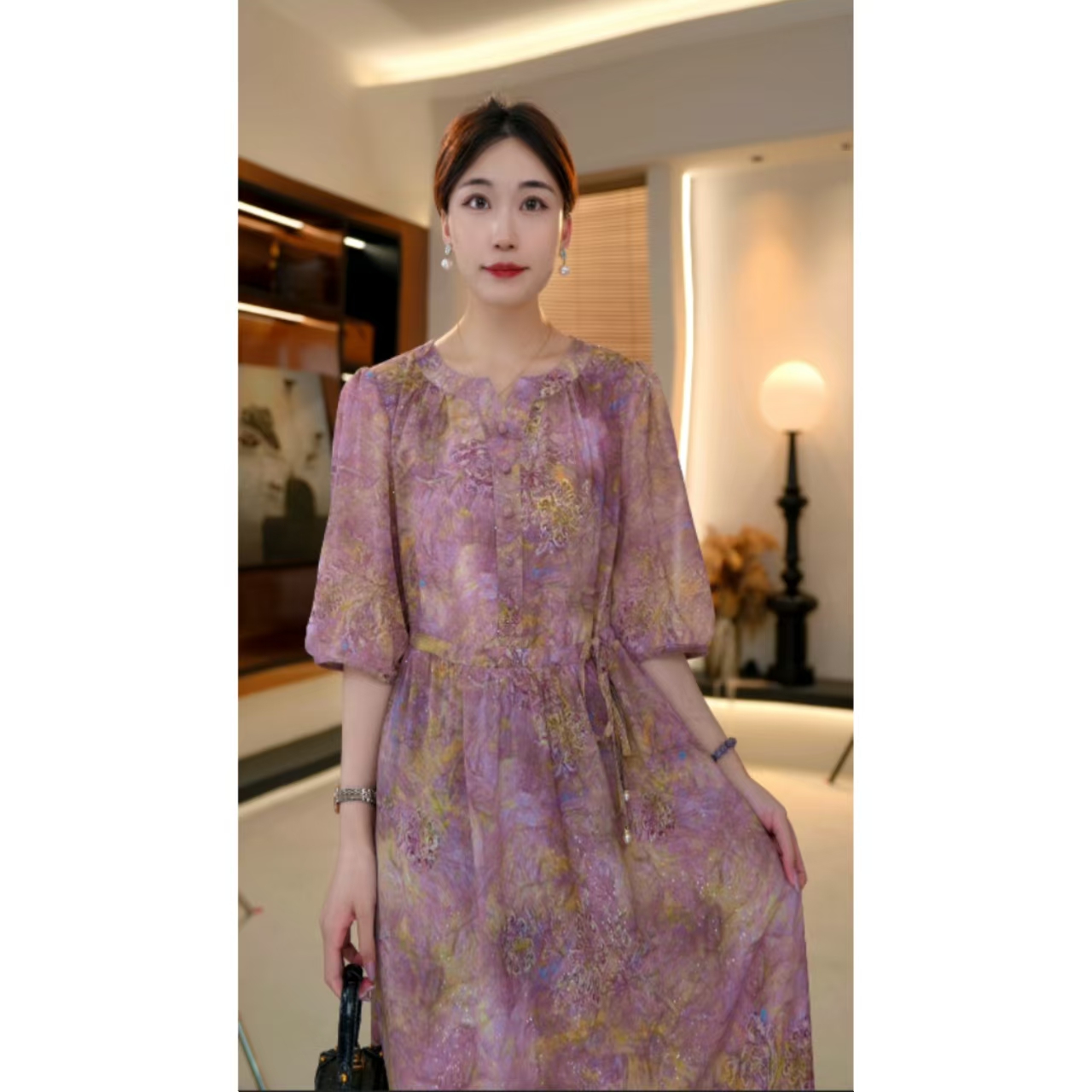 雾紫绡裳-2025高端连衣裙高贵显瘦新款夏季中年妈妈装中长款-婷婷